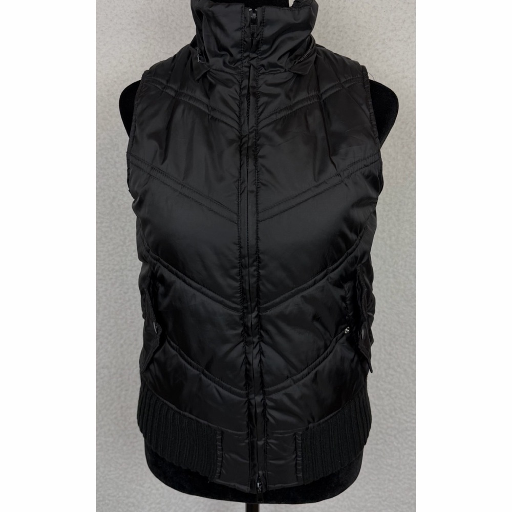 (VTG) FOREVER 21 • Black/Tan Y2K Quilted Zip-Up Vest w/ Faux Fur Trimmed Hood, S - Picture 13 of 15